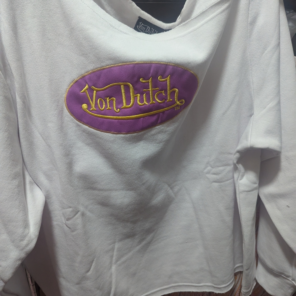 Von Dutch White Shirt with Purple and Gold Logo